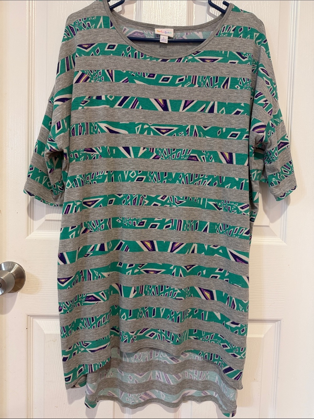 LuLaRoe Grey, Teal & Purple Striped Geometric Tunic